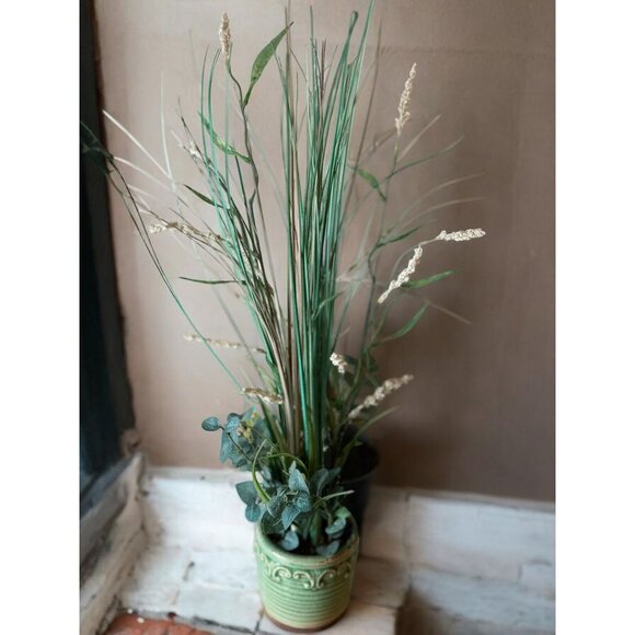 Artificial Grass & Floral Arrangement In Green Ceramic Pot - Picture 2 of 8